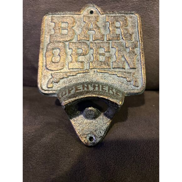 Cast Iron Bar Open Plaque OPEN HERE Beer Bottle Opener Rustic Western Wall Mount - Picture 2 of 3